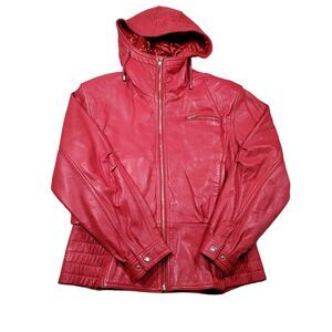 Vintage Georgetown Leather Design Hooded Biker Jacket Red Size Large Full Zip